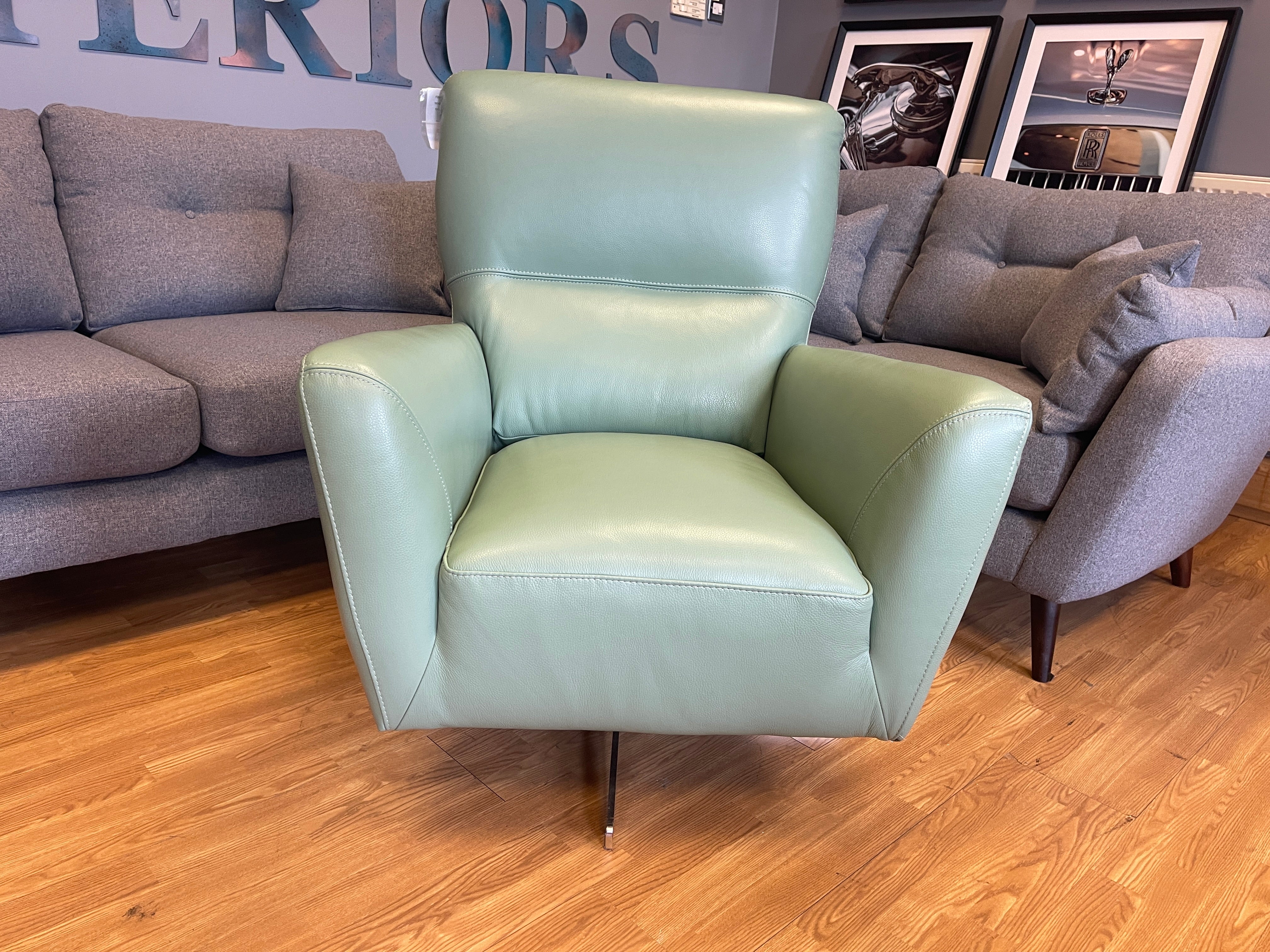 SOFOLOGY ROWAN accent armchair swivel chair in soft mint green soft leather chrome base