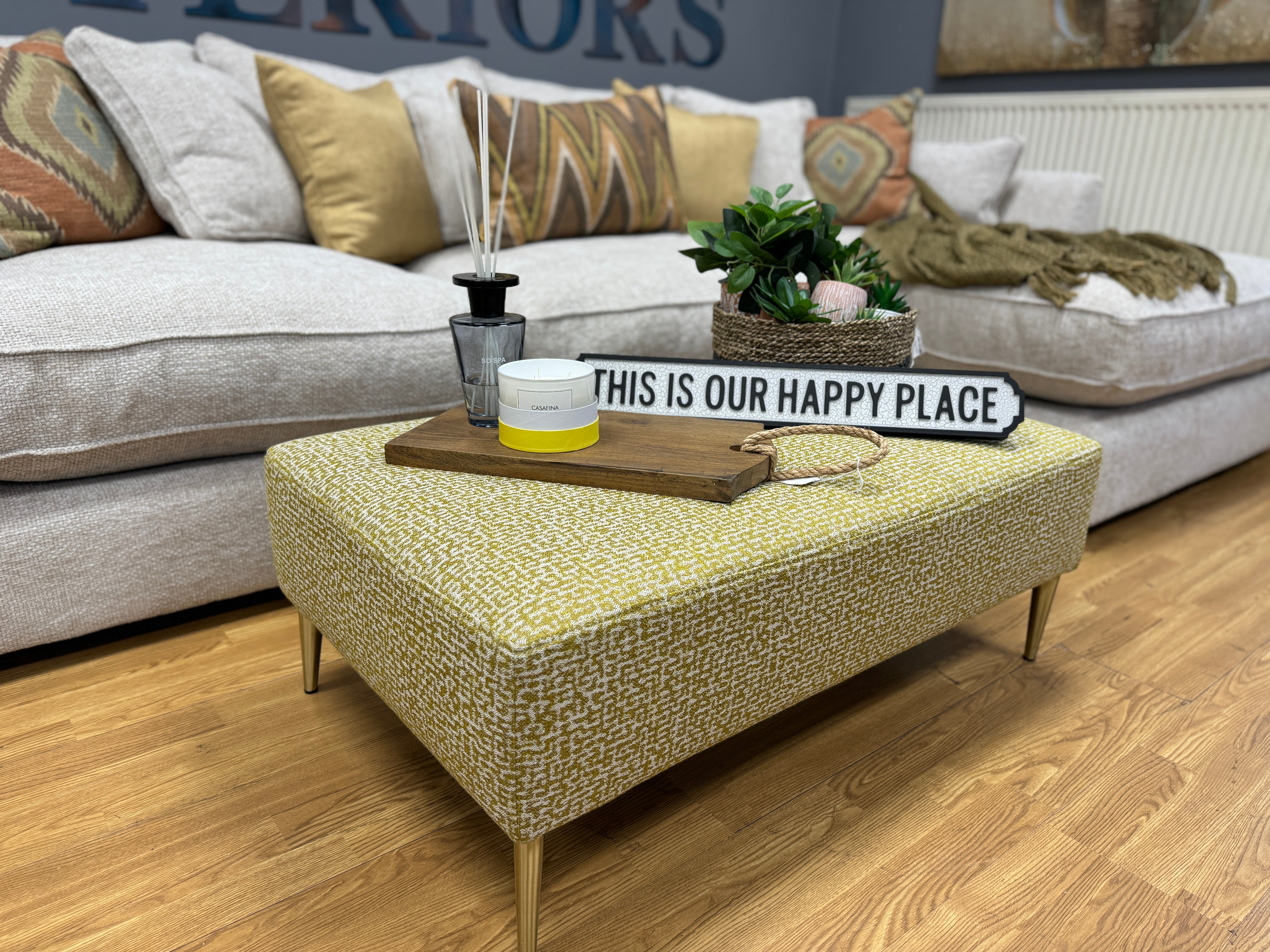 COLLINS & HAYES BEAU footstool side table in removable mustard yellow pattern fabric