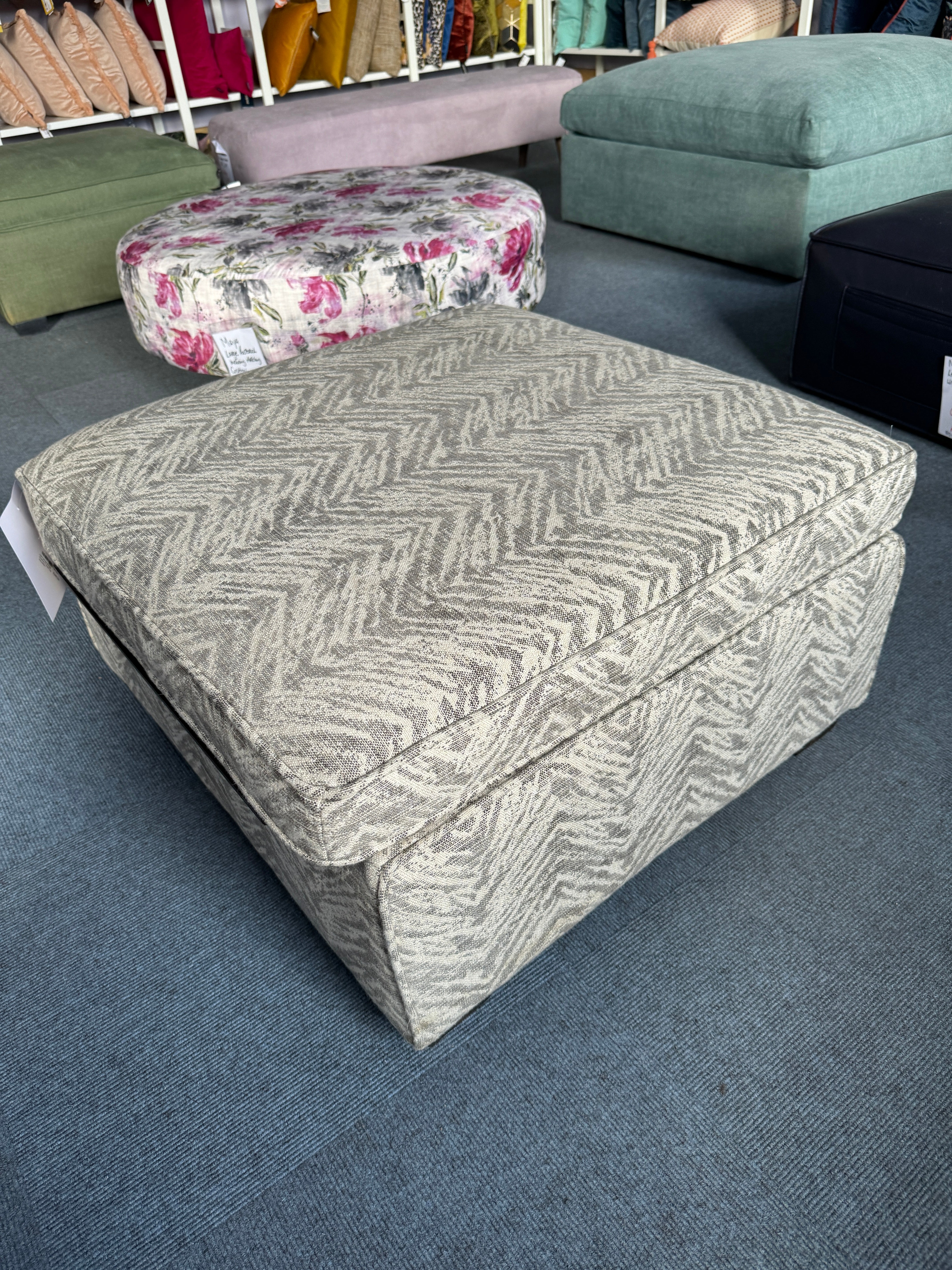 COLLINS & HAYES BAILEY padded top storage footstool in grey zigzag fabric
