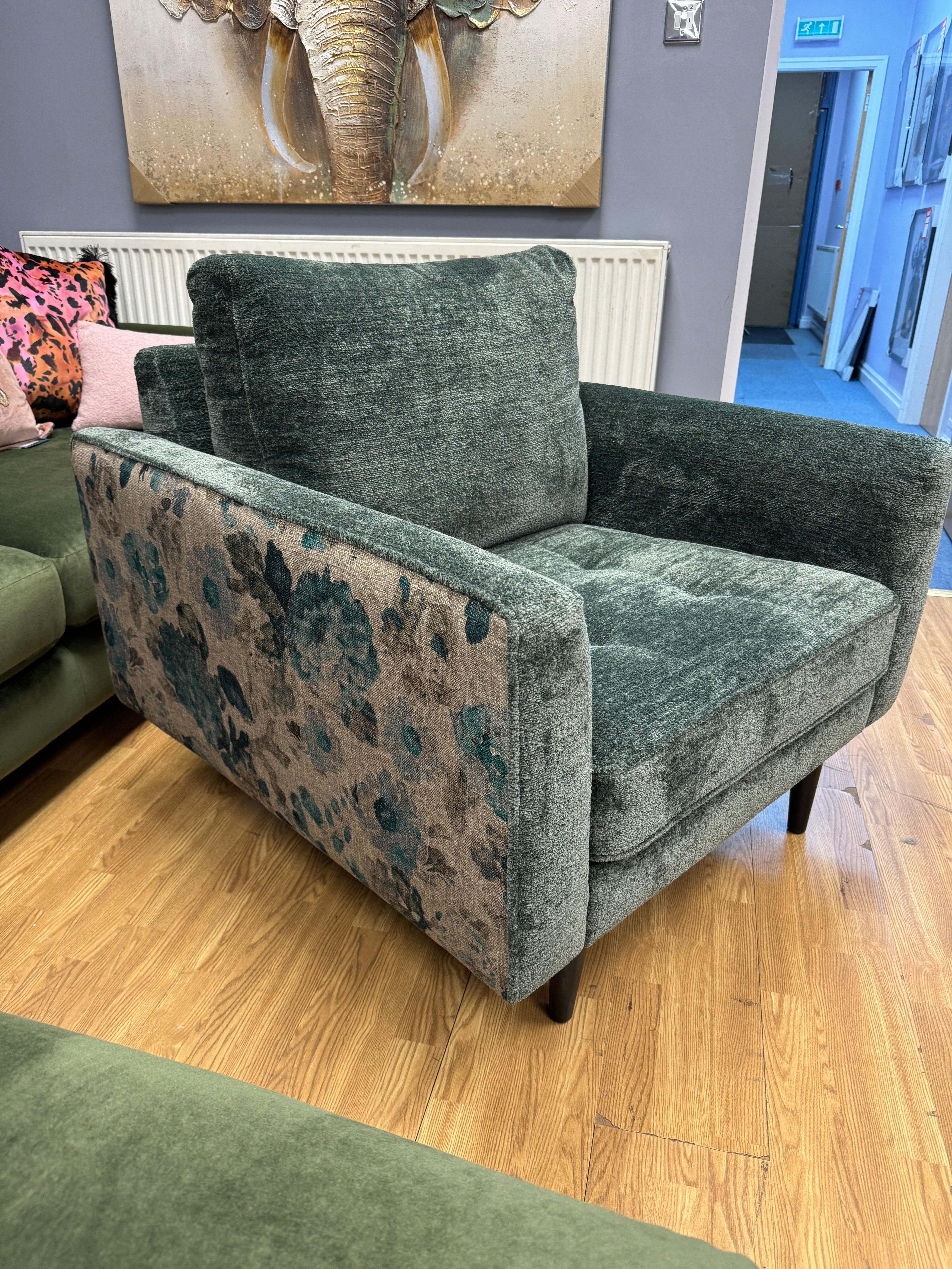 G PLAN x JAY BLADES RIDLEY armchair in Dark green chenille with contrasting floral linen side panels