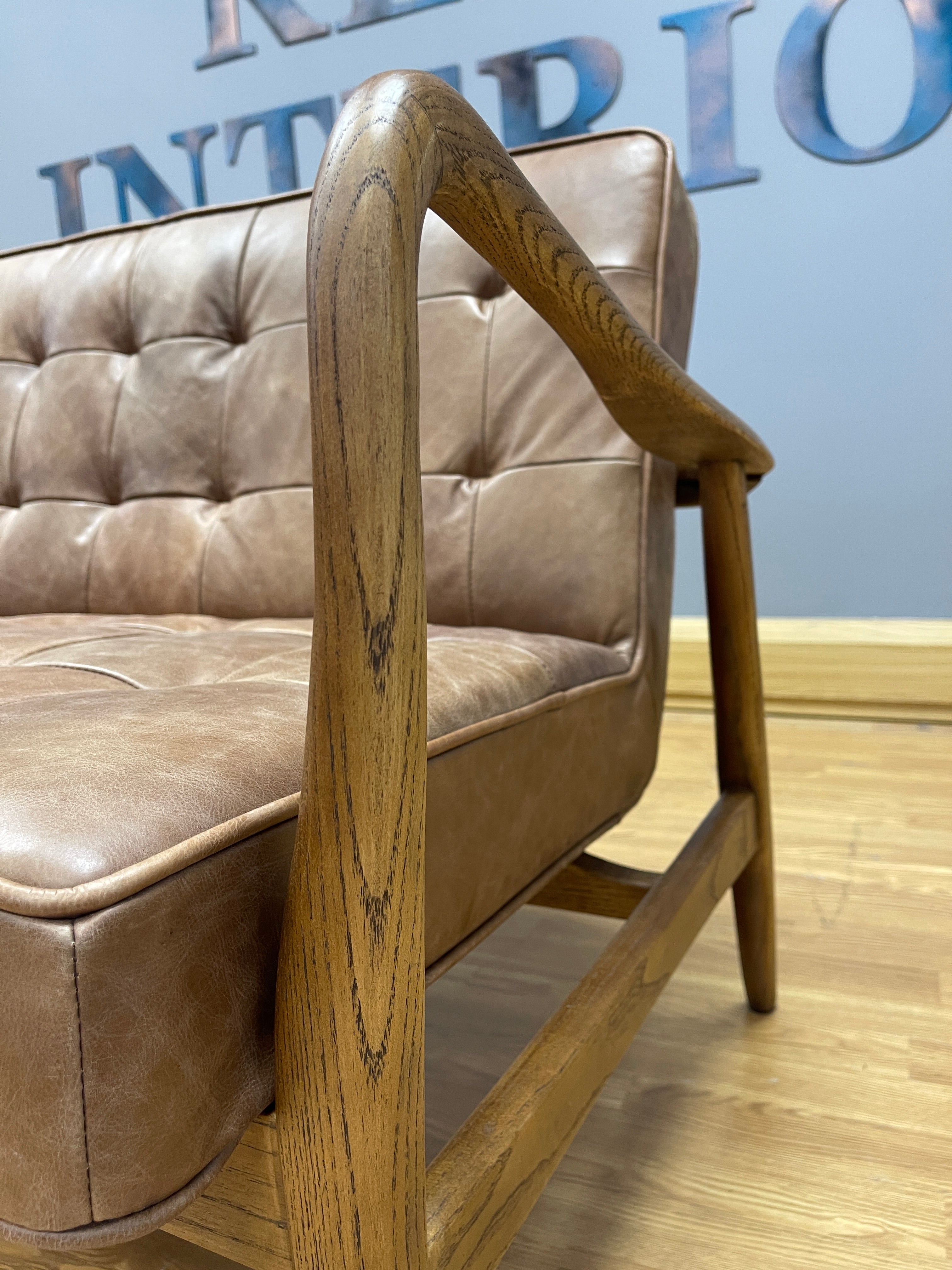 Calder 2 seater sofa with vintage tan brown leather & polished walnut wood frame