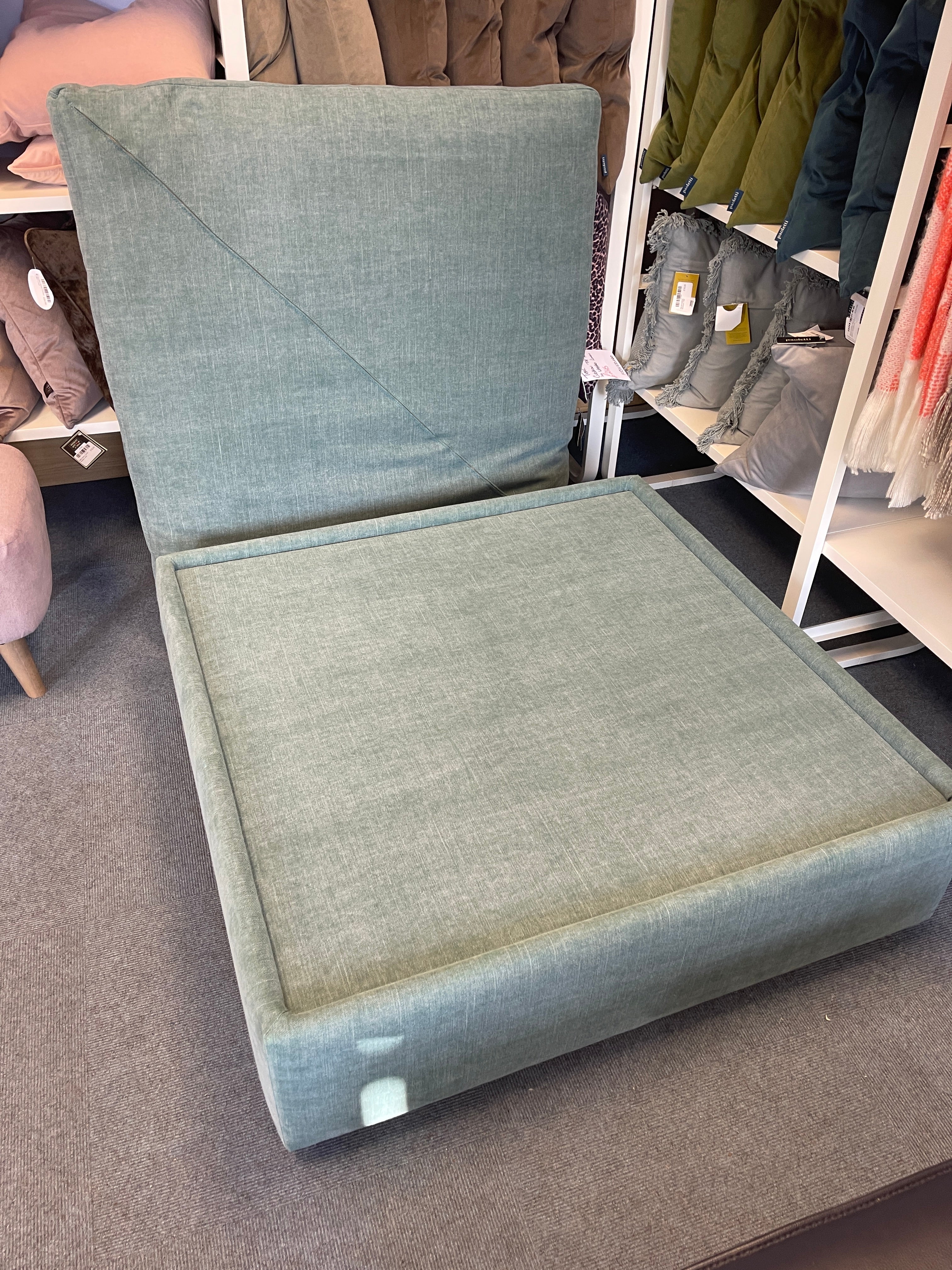 GRAND DESIGNS LAMBOURNE XL square padded top footstool in teal washed linen