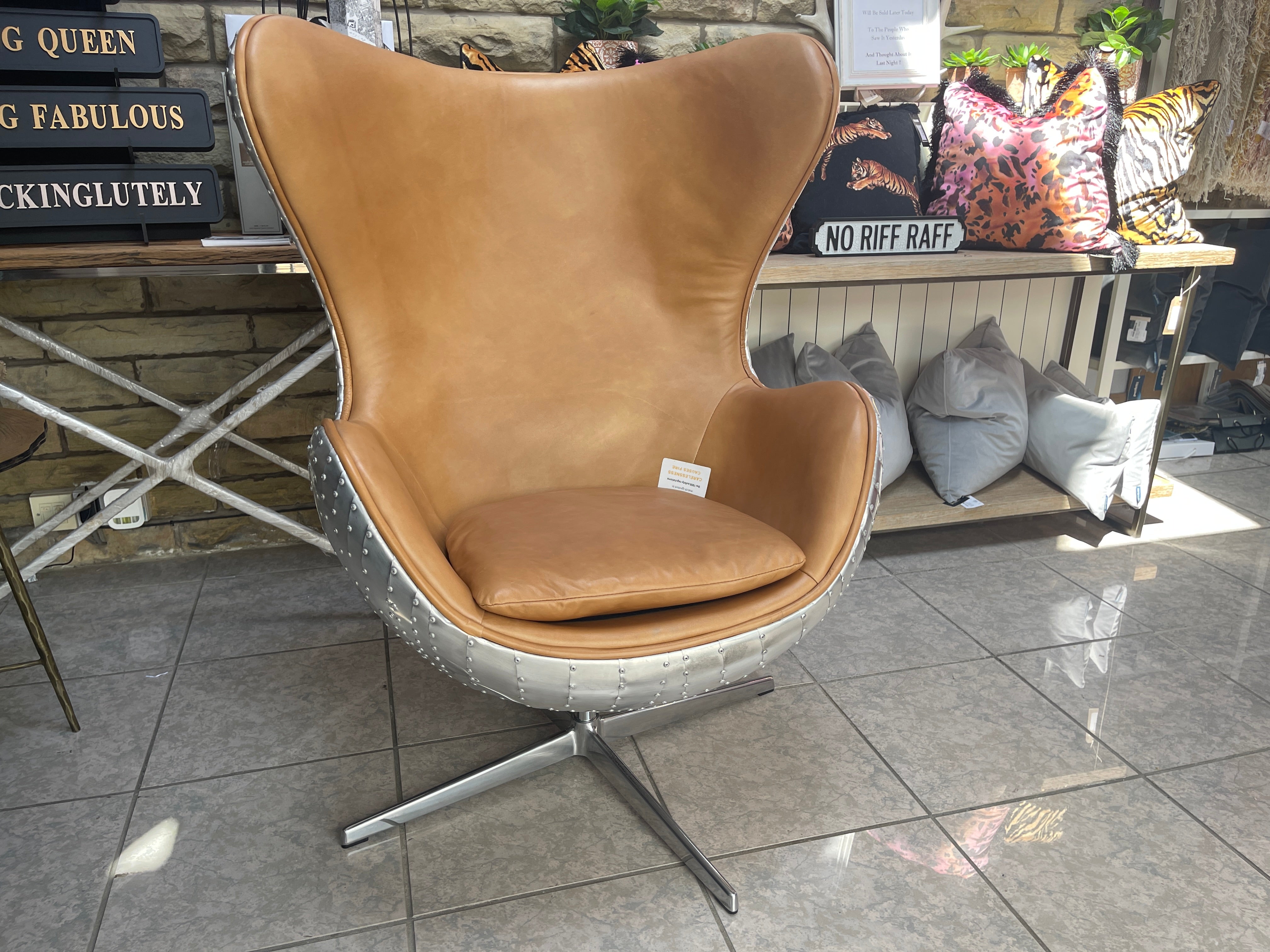 VINTAGE SOFA CO KEELER Aviator swivel chair in leather & aluminium with chrome base - Brown Elis / Jet Silver