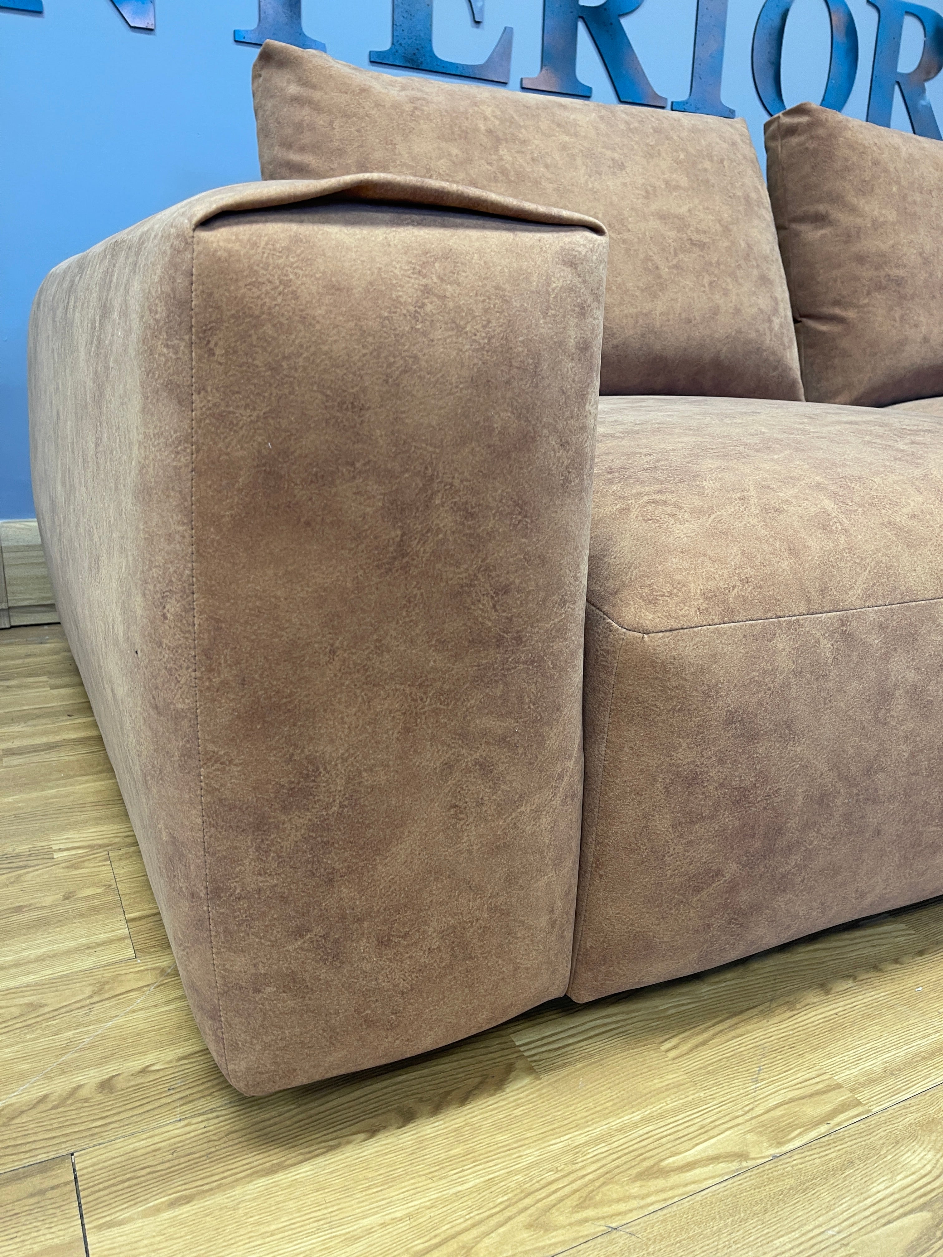 WHITE LABEL ROCCO split 4 seater sofa in tan faux suede / distressed velvet