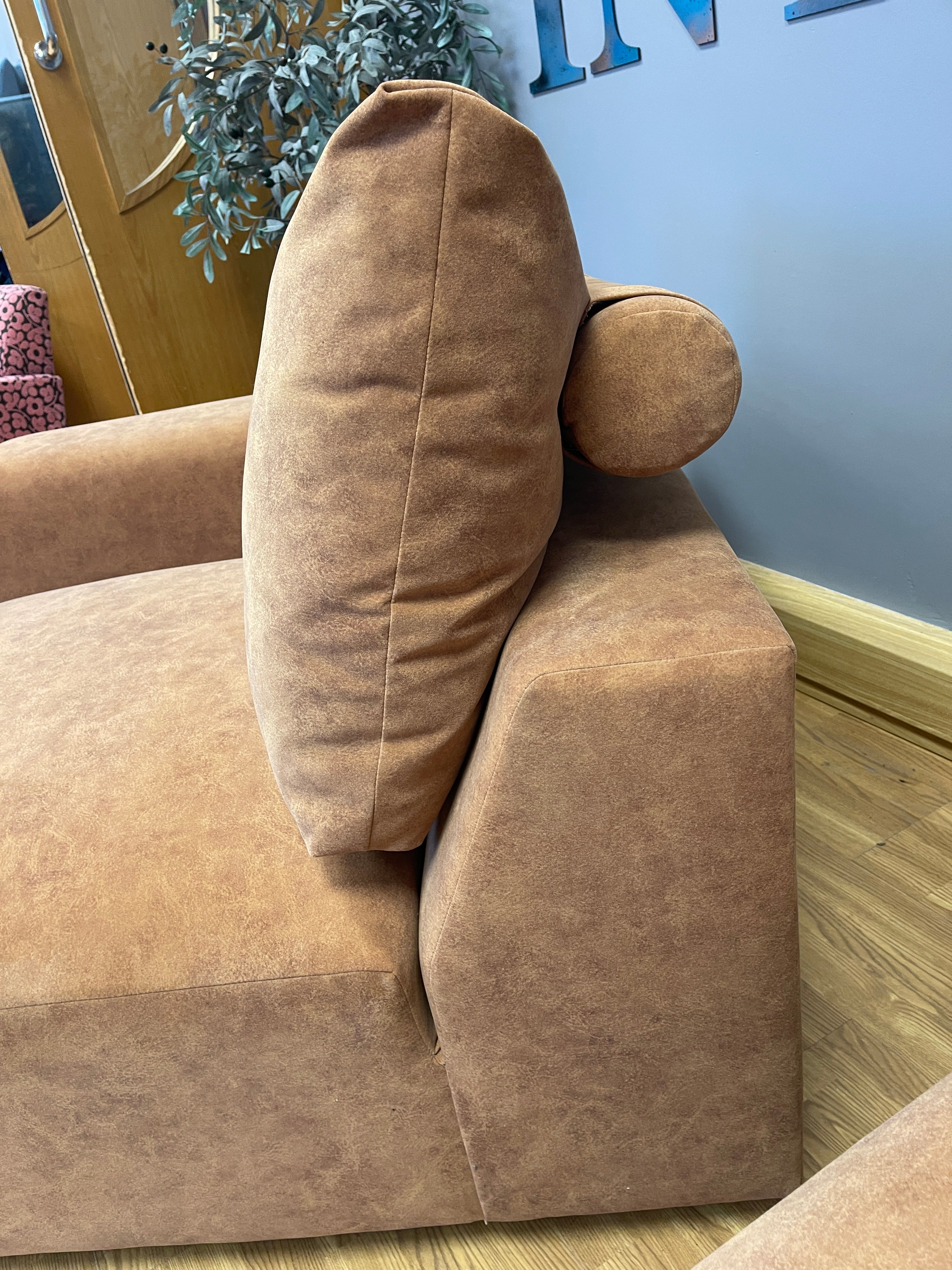WHITE LABEL ROCCO split 4 seater sofa in tan faux suede / distressed velvet