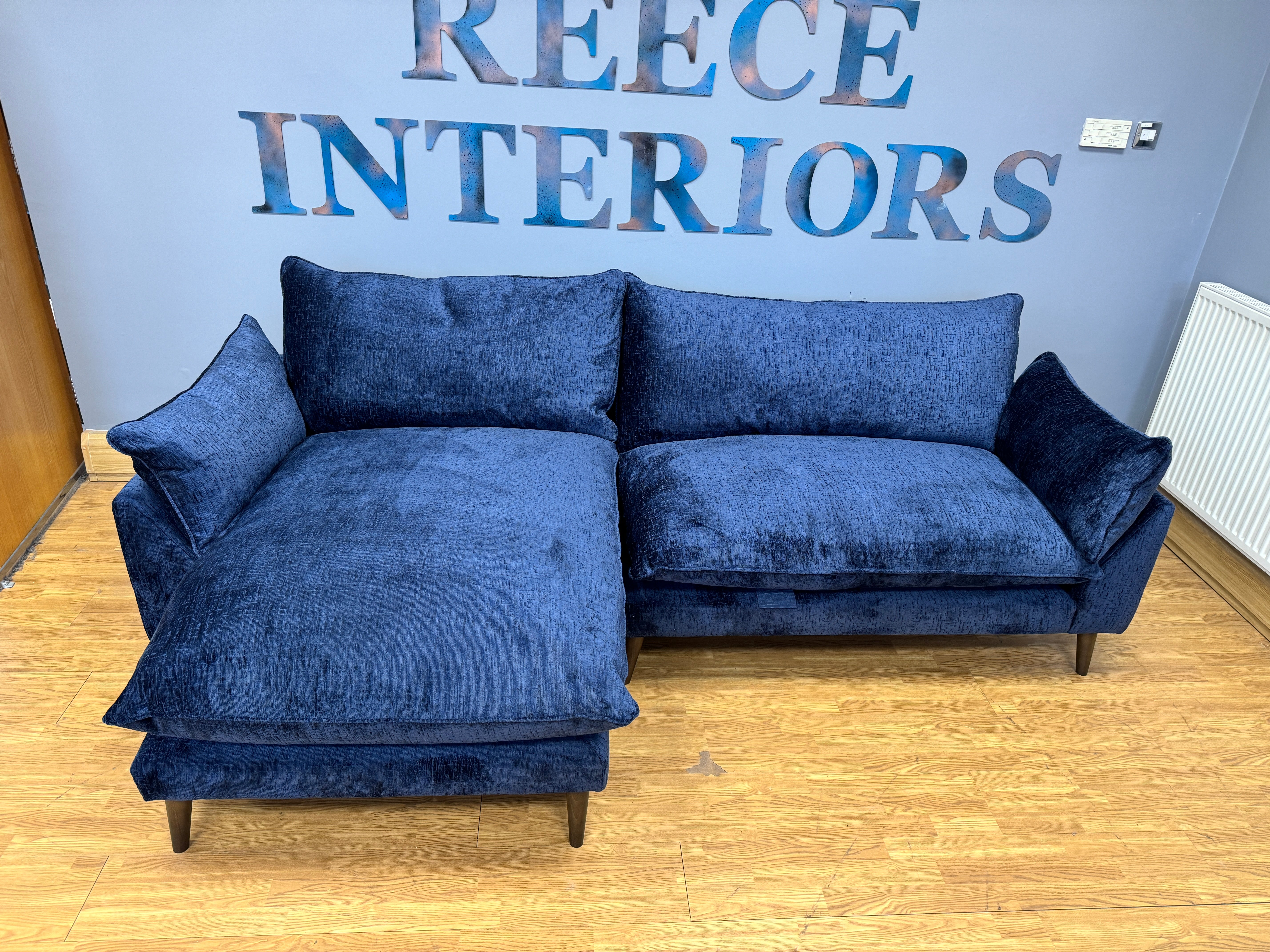 WHITE LABEL SLOW RISER left facing 3 seater chaise sofa in midnight blue textured chenille