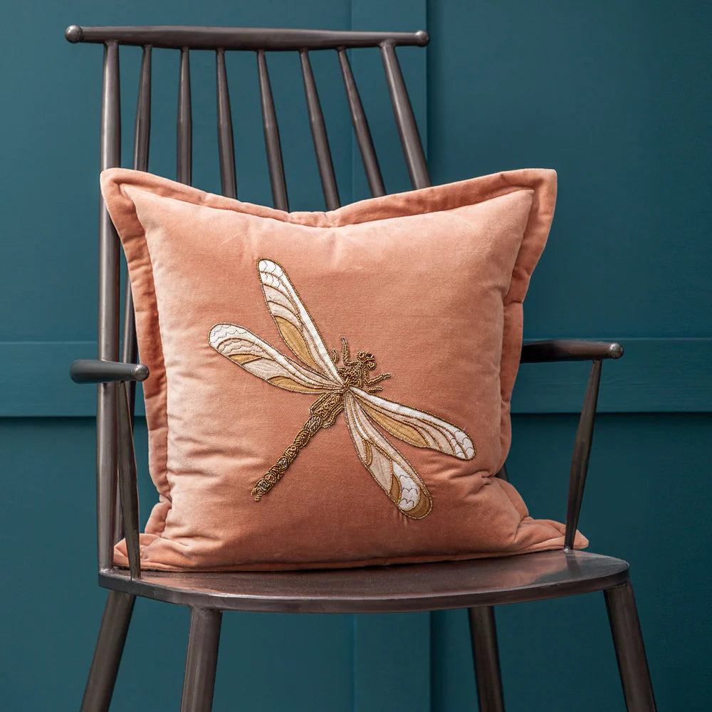 Aria Embroidered Dragonfly feather Cushion 50cm x 50cm Pink