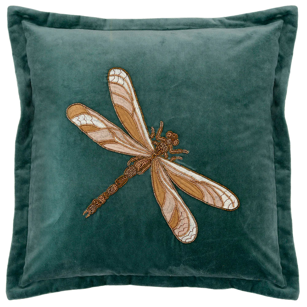 Aria Embroidered Dragonfly feather Cushion 50cm x 50cm Teal