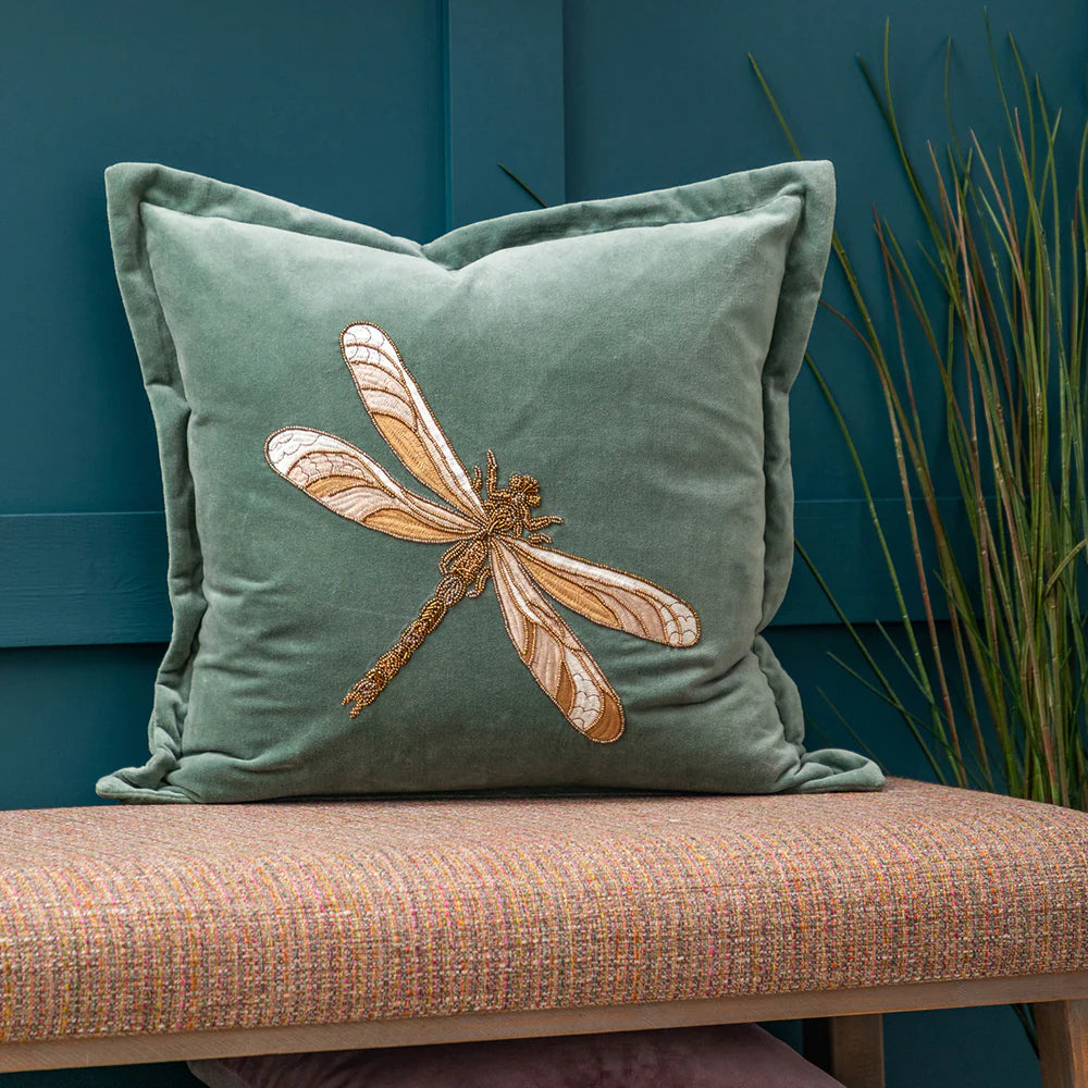 Aria Embroidered Dragonfly feather Cushion 50cm x 50cm Teal