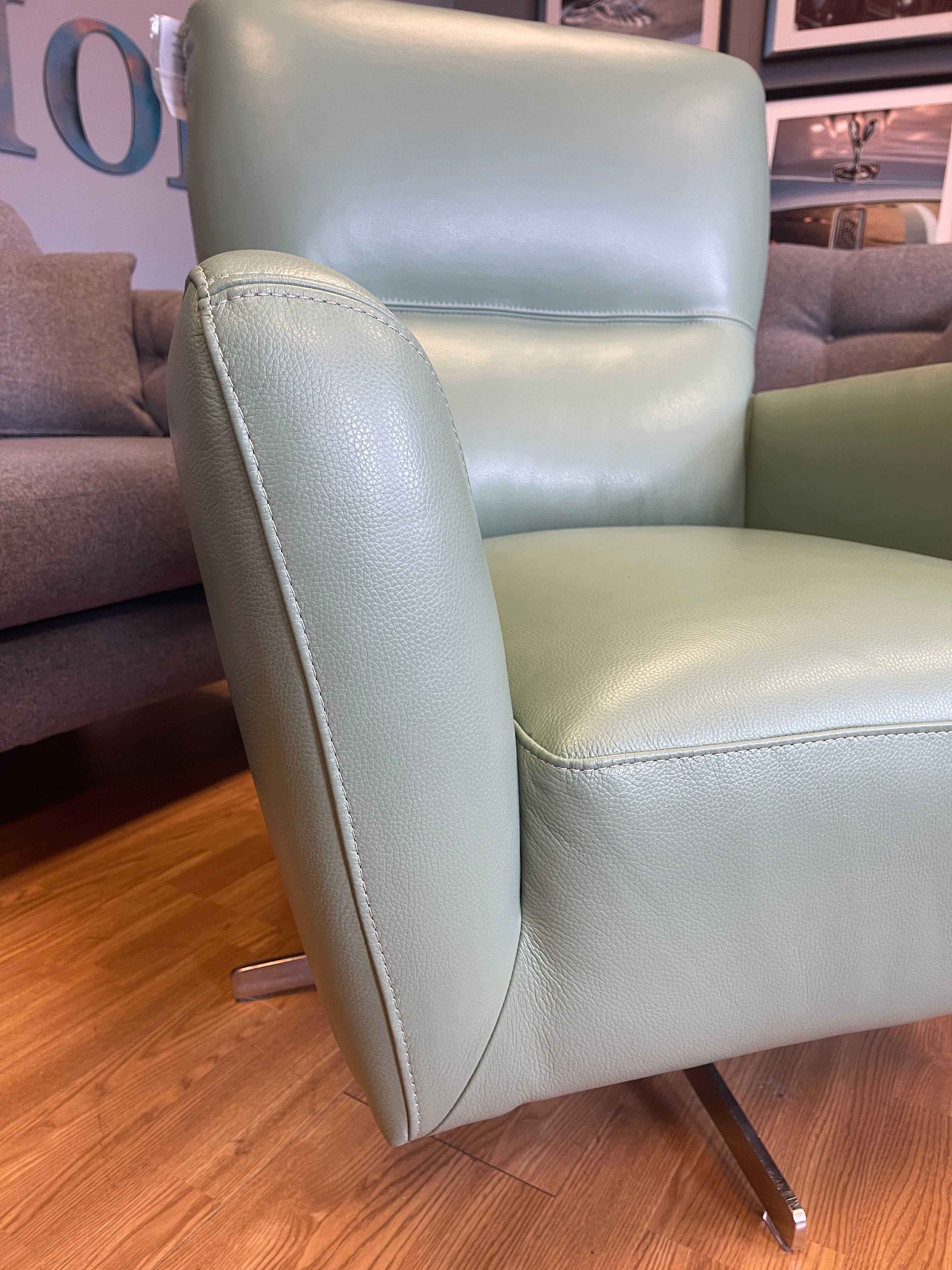 SOFOLOGY ROWAN accent armchair swivel chair in soft mint green soft leather chrome base