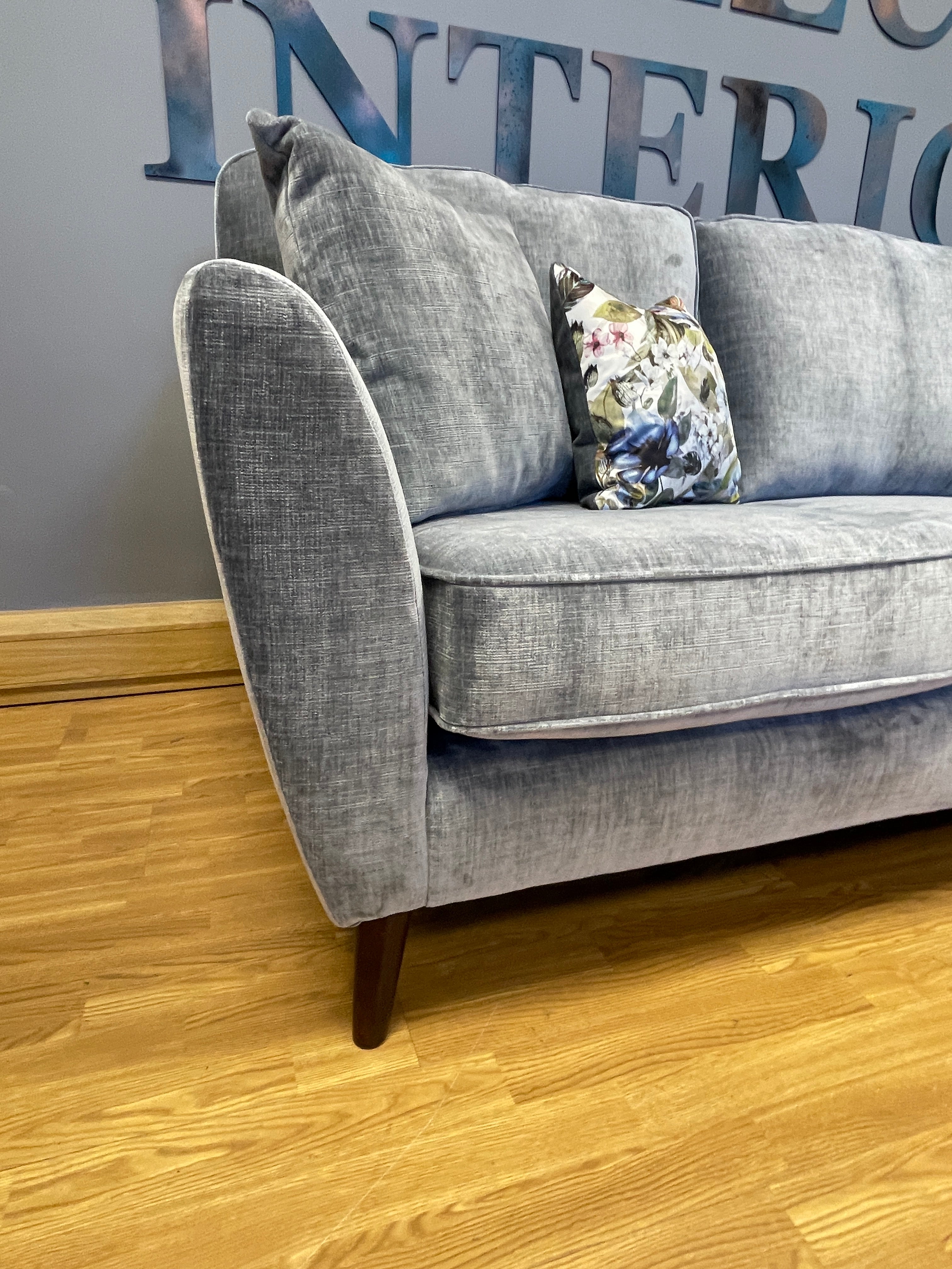 Antigua 2 piece left facing corner sofa in Maeve grey velvet fabric & scatter cushions