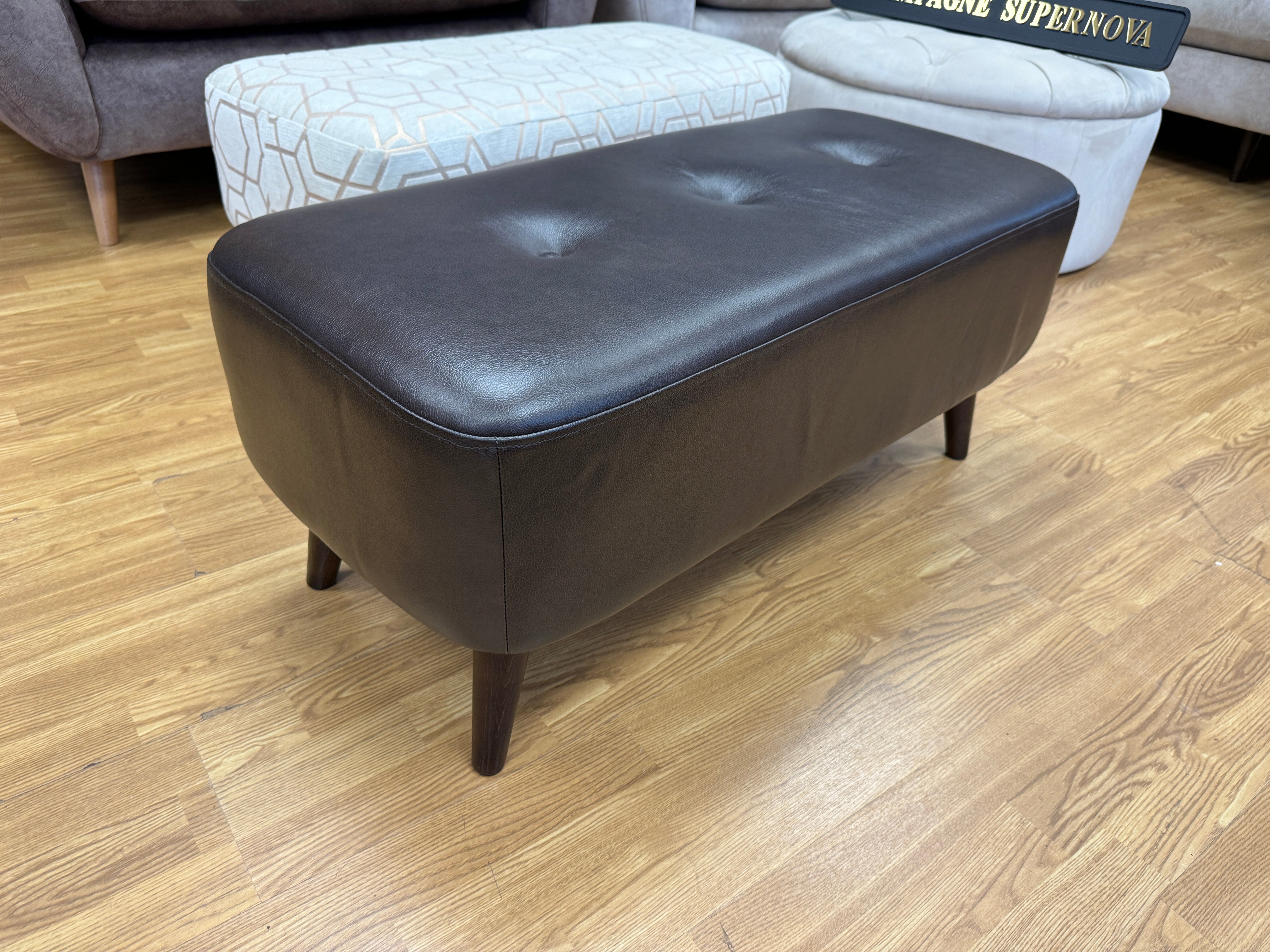 WHITE LABEL LISBON small bench footstool in dark brown leather