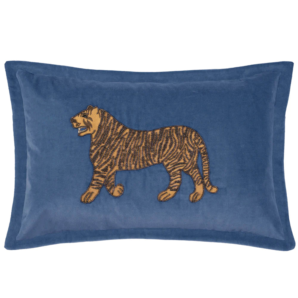 Durga Embroidered Tiger feather Cushion 45cm x 65cm Bluebell