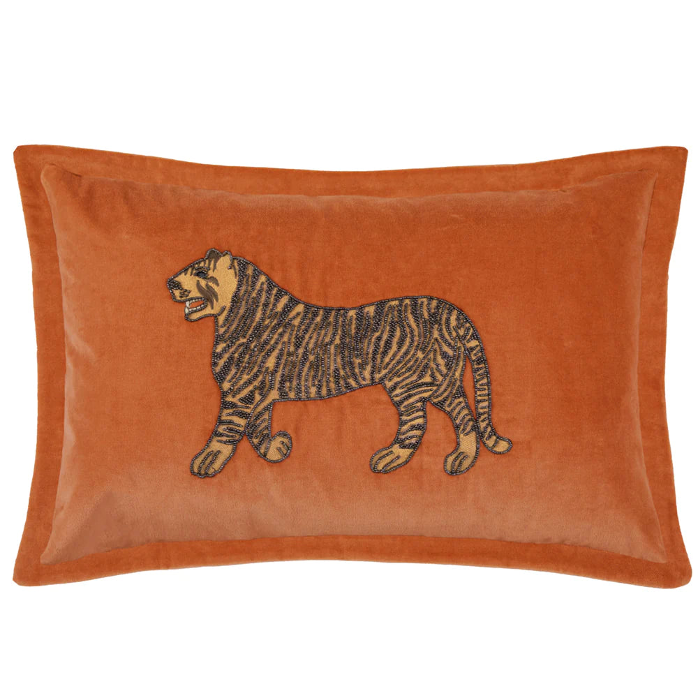 Durga Embroidered Tiger feather Cushion 45cm x 65cm Cinnamon