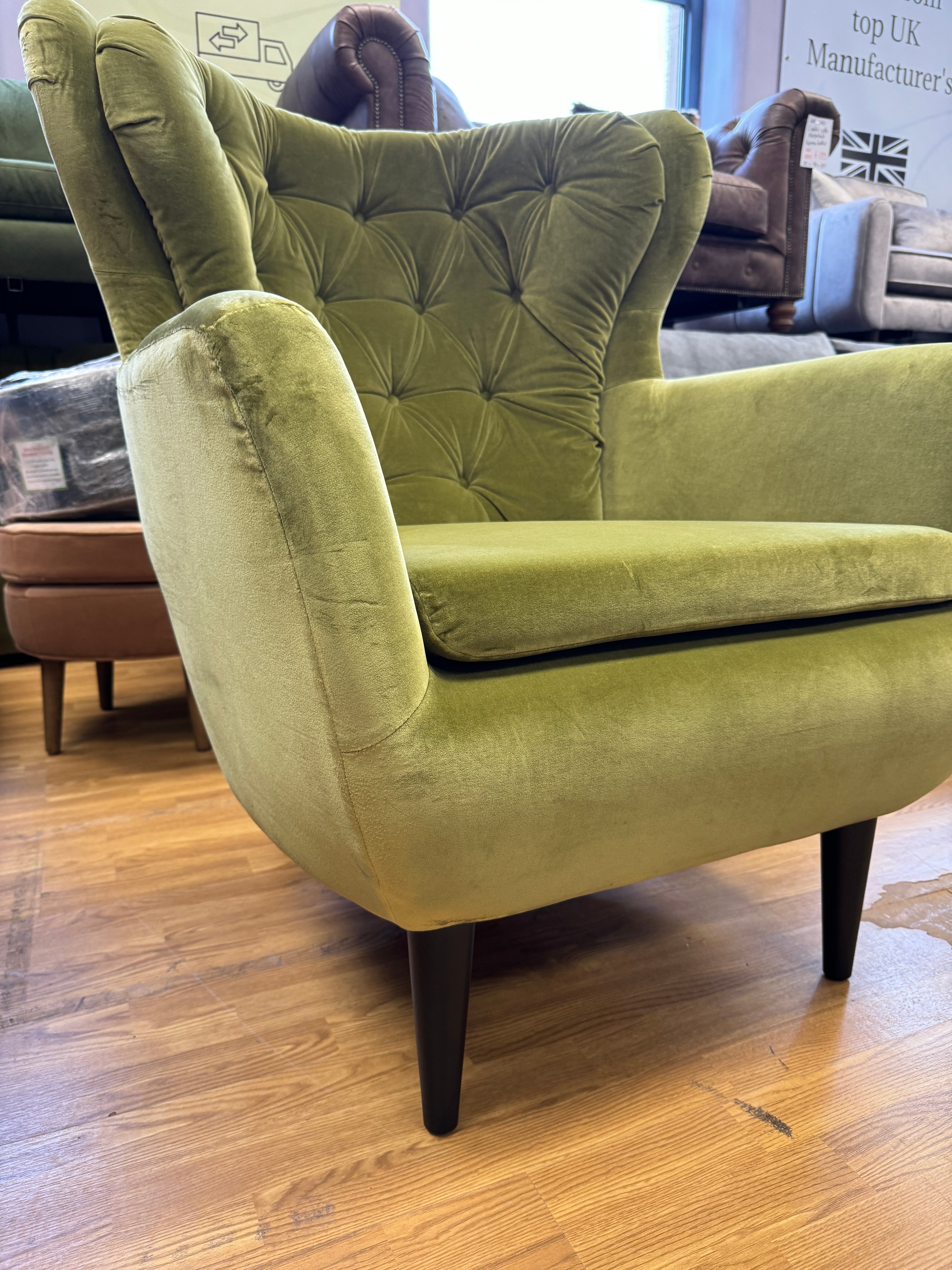 SOFA.COM Ernest Accent button back swivel armchair in Olive green smart velvet