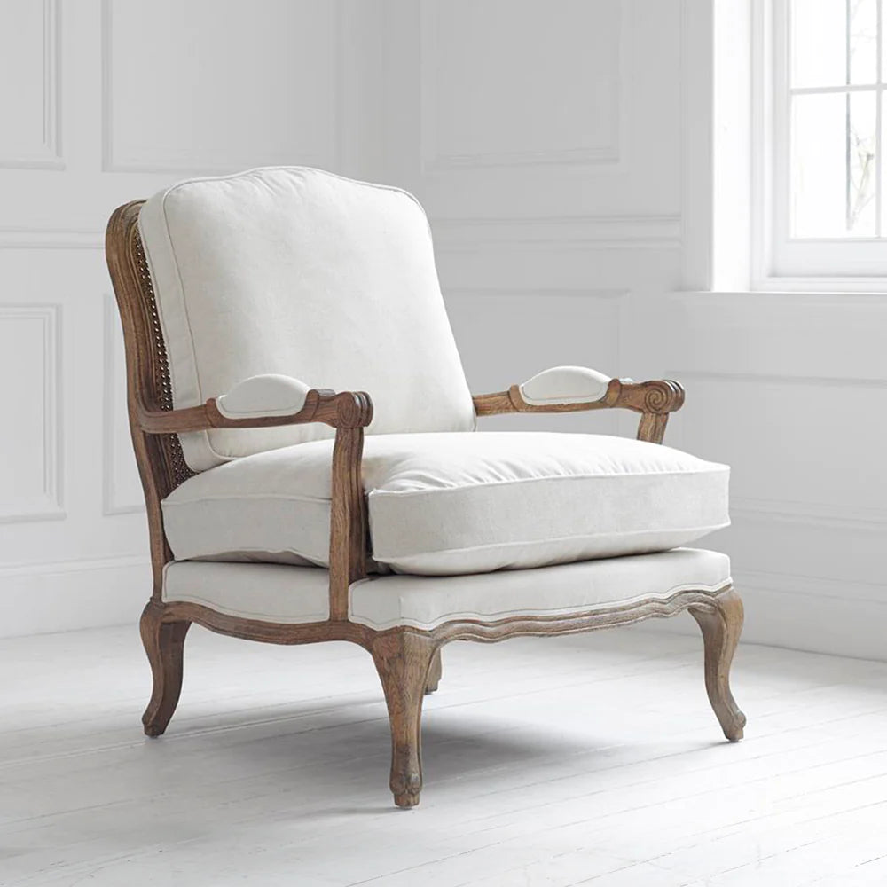 VOYAGE MAISON FLORENCE high back accent chair in natural linen & polished oak wood frame