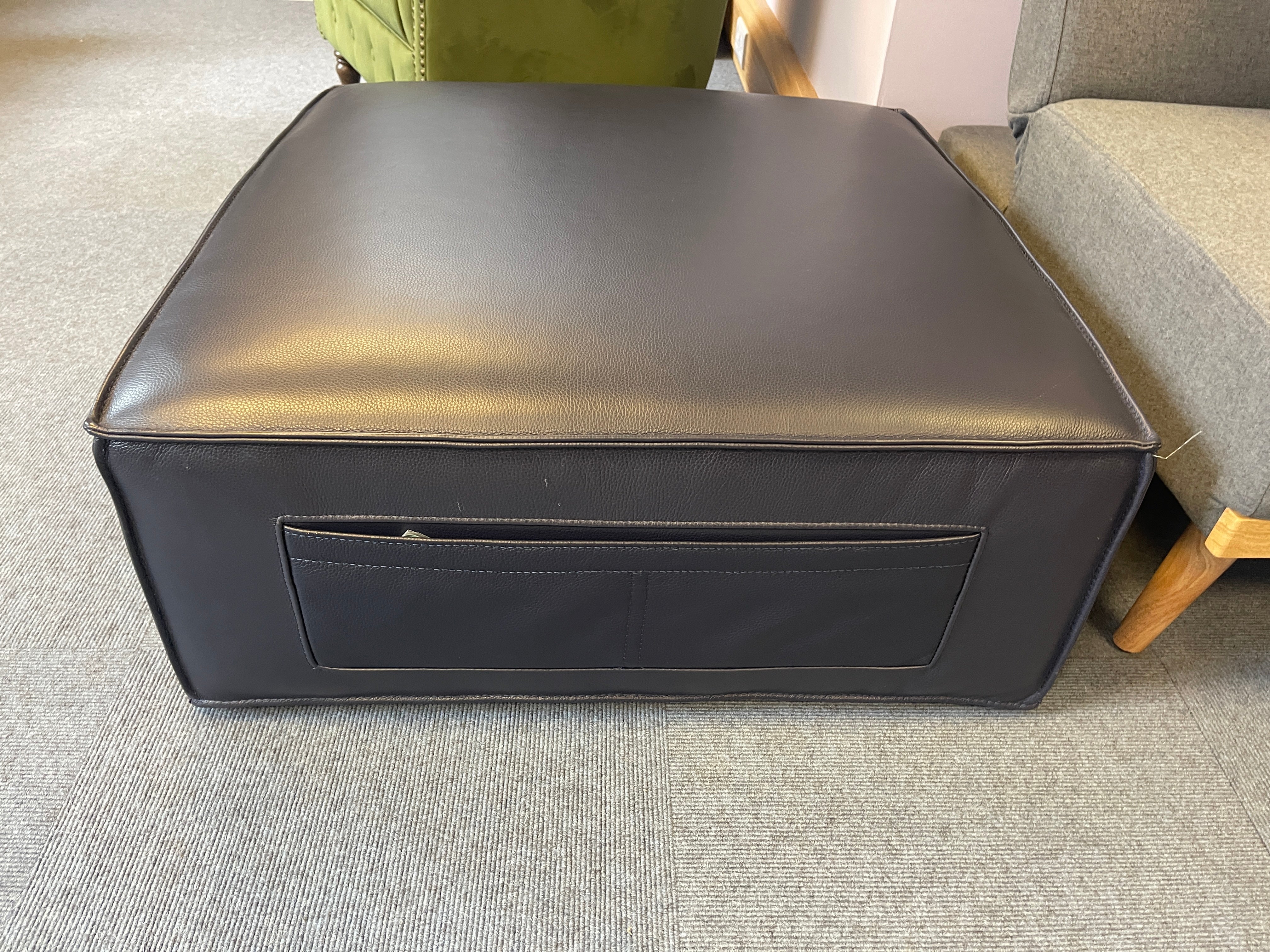 WHITE LABEL low square shape footstool with side storage in navy blue leather