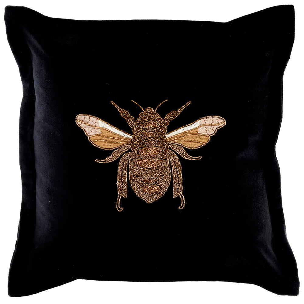 Layla Embroidered Bee feather Cushion 50cm x 50cm Black