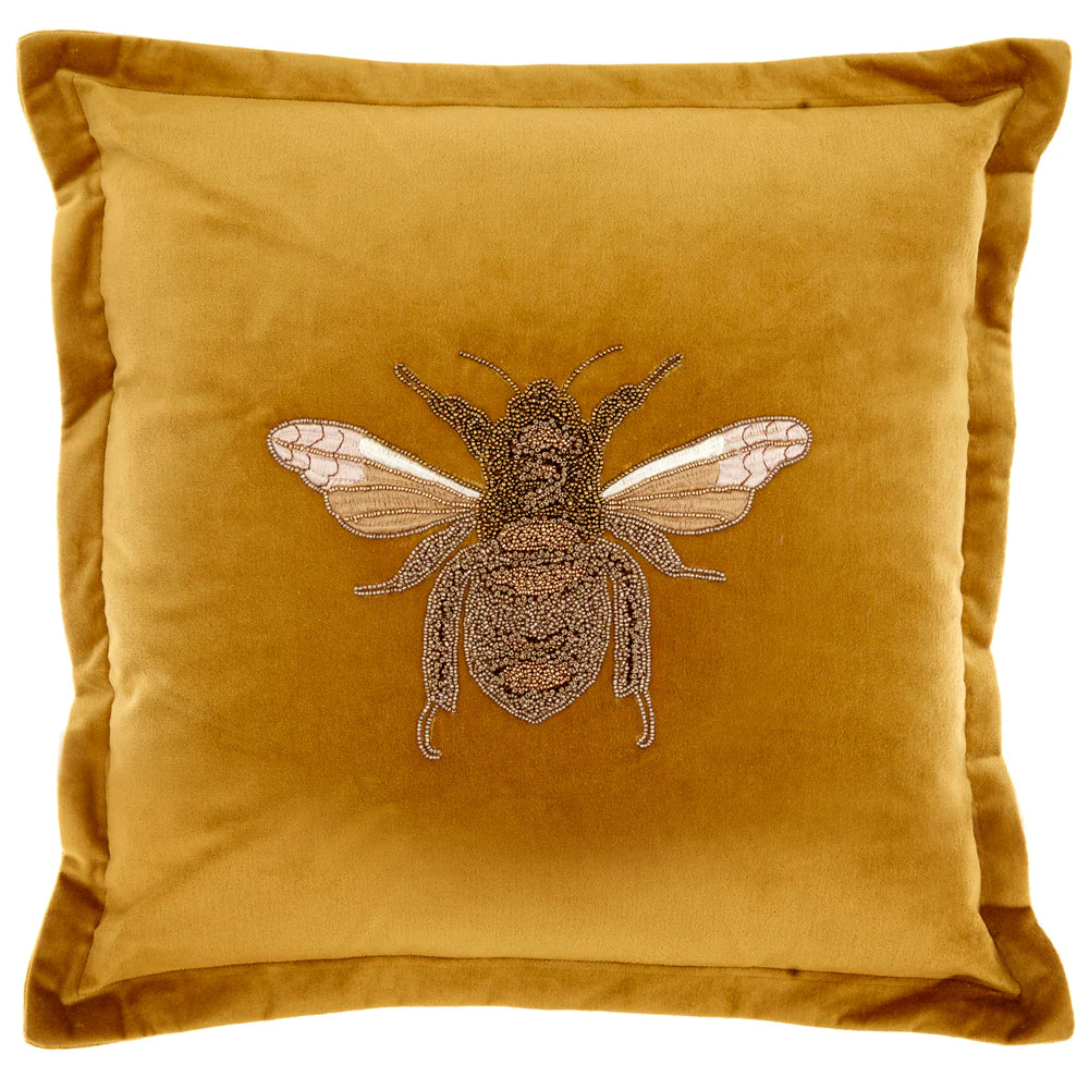 Layla Embroidered Bee feather Cushion 50cm x 50cm Mustard