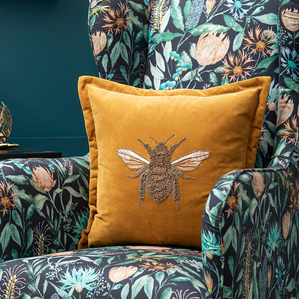 Layla Embroidered Bee feather Cushion 50cm x 50cm Mustard