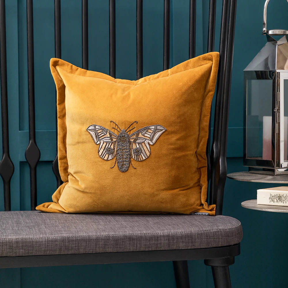 Luna Embroidered Butterfly feather Cushion 50cm x 50cm Mustard