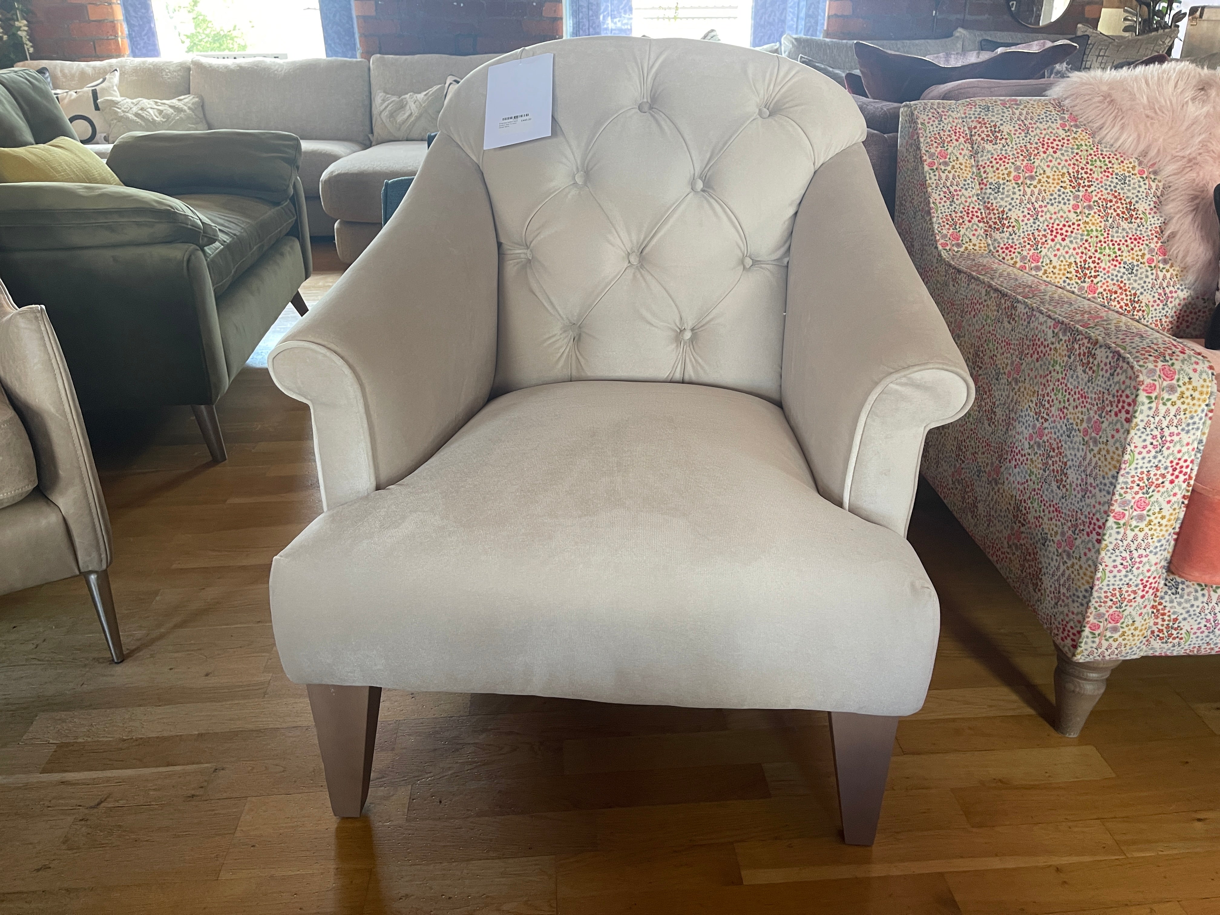 Empress accent armchair with button back in ivory velvet