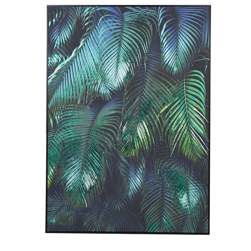 XL Tropical leaves metallic canvas on black frame 143 x 102cm