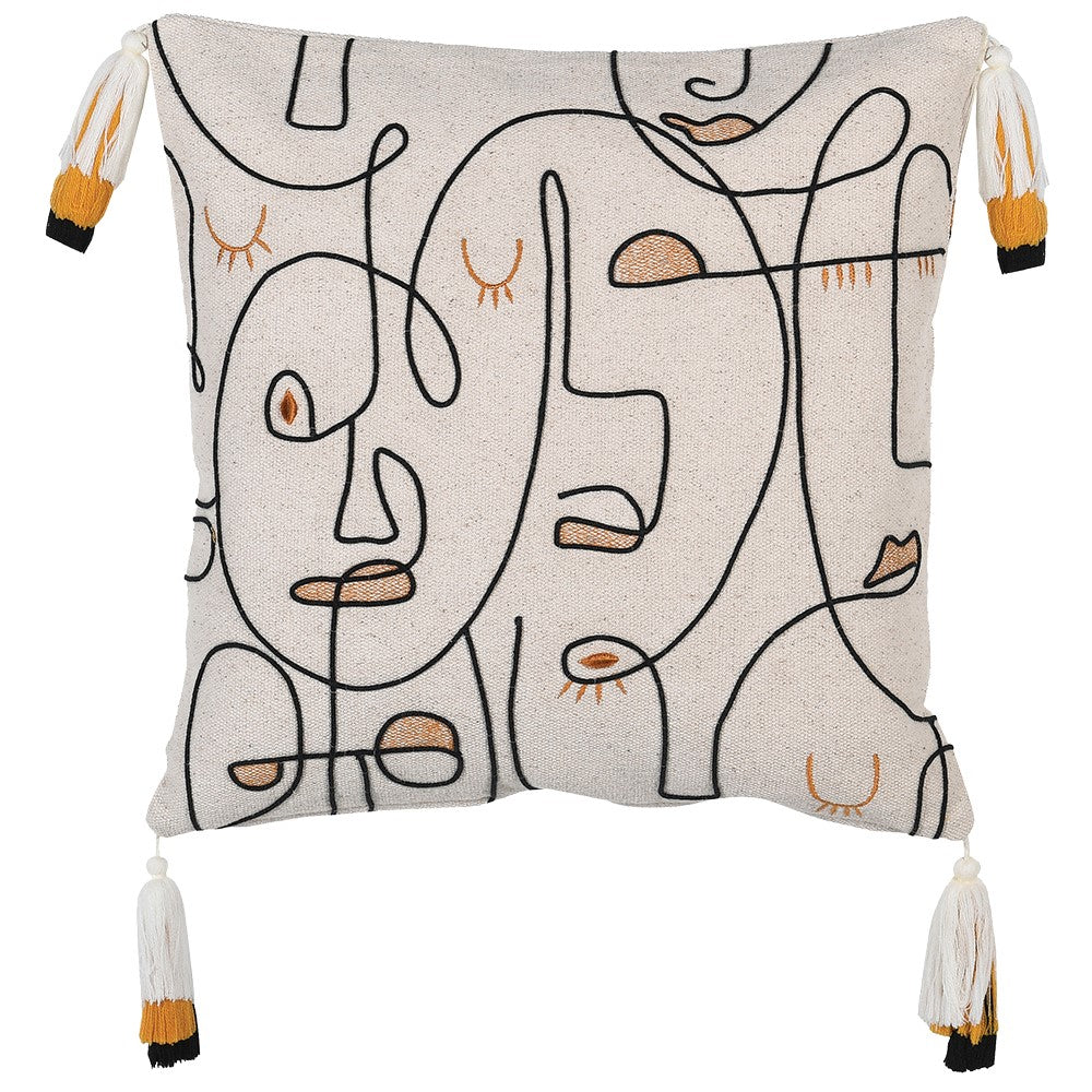 Abstract Faces cotton 45 x 45cm cushion in cream